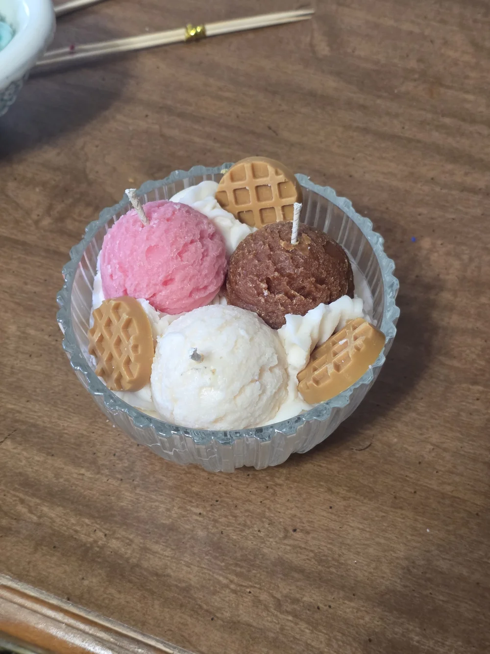 Ice Cream Sundae Dessert Candle Vintage Glass Bowl Candle Waffle Cone Dessert